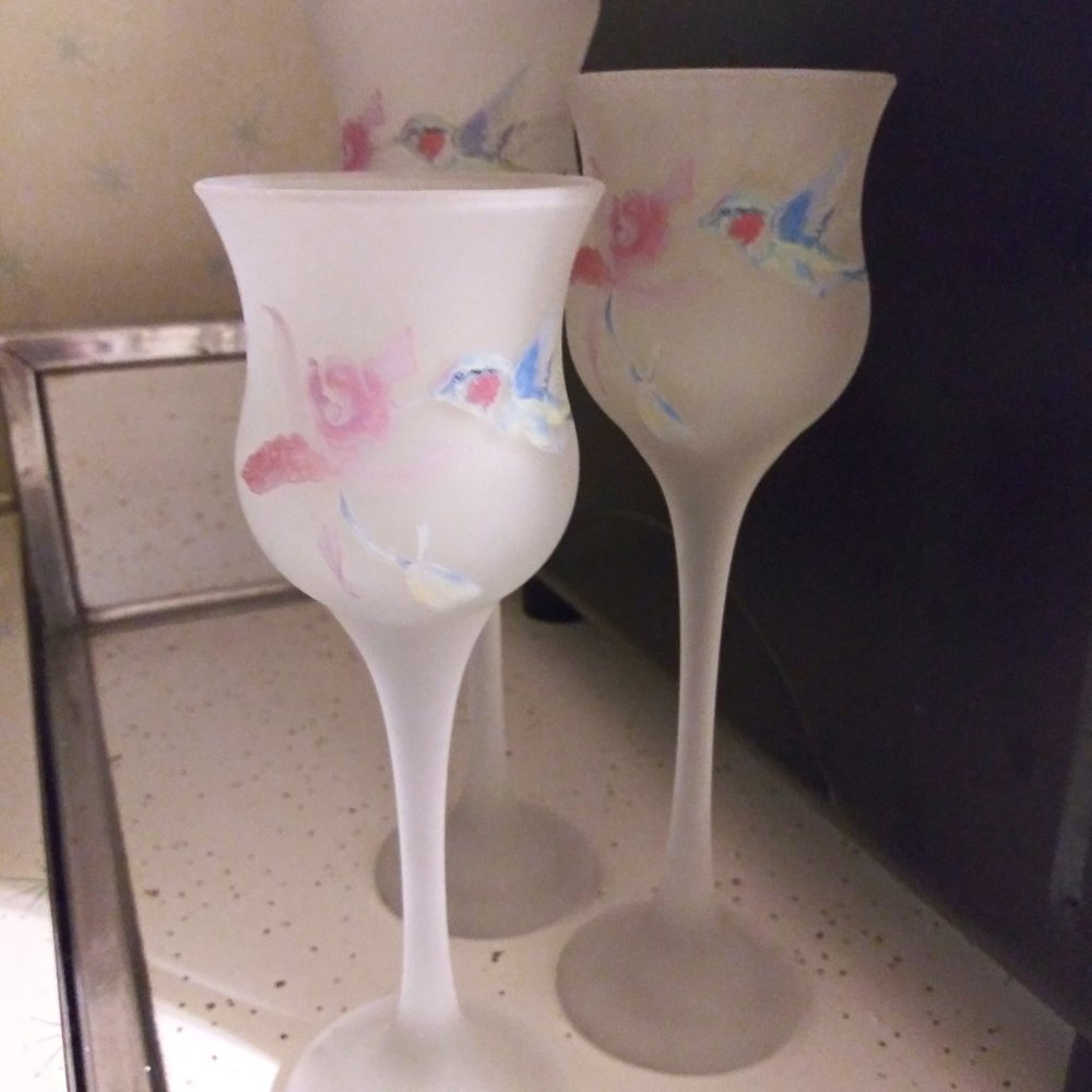 Hummingbird Stemmed Frosted Glass Votive Tealight Candle Holders - Set of 3